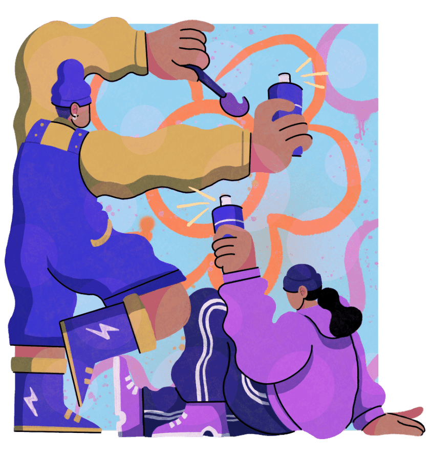 Artists creating a colorful mural together